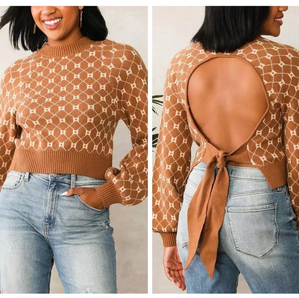 Buckle Willow & Root Open-Back Tie Brown Crop Sweater S